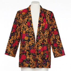 Connections Blazer Women M Black Gold Floral Baroque Filigree Vintage One Button